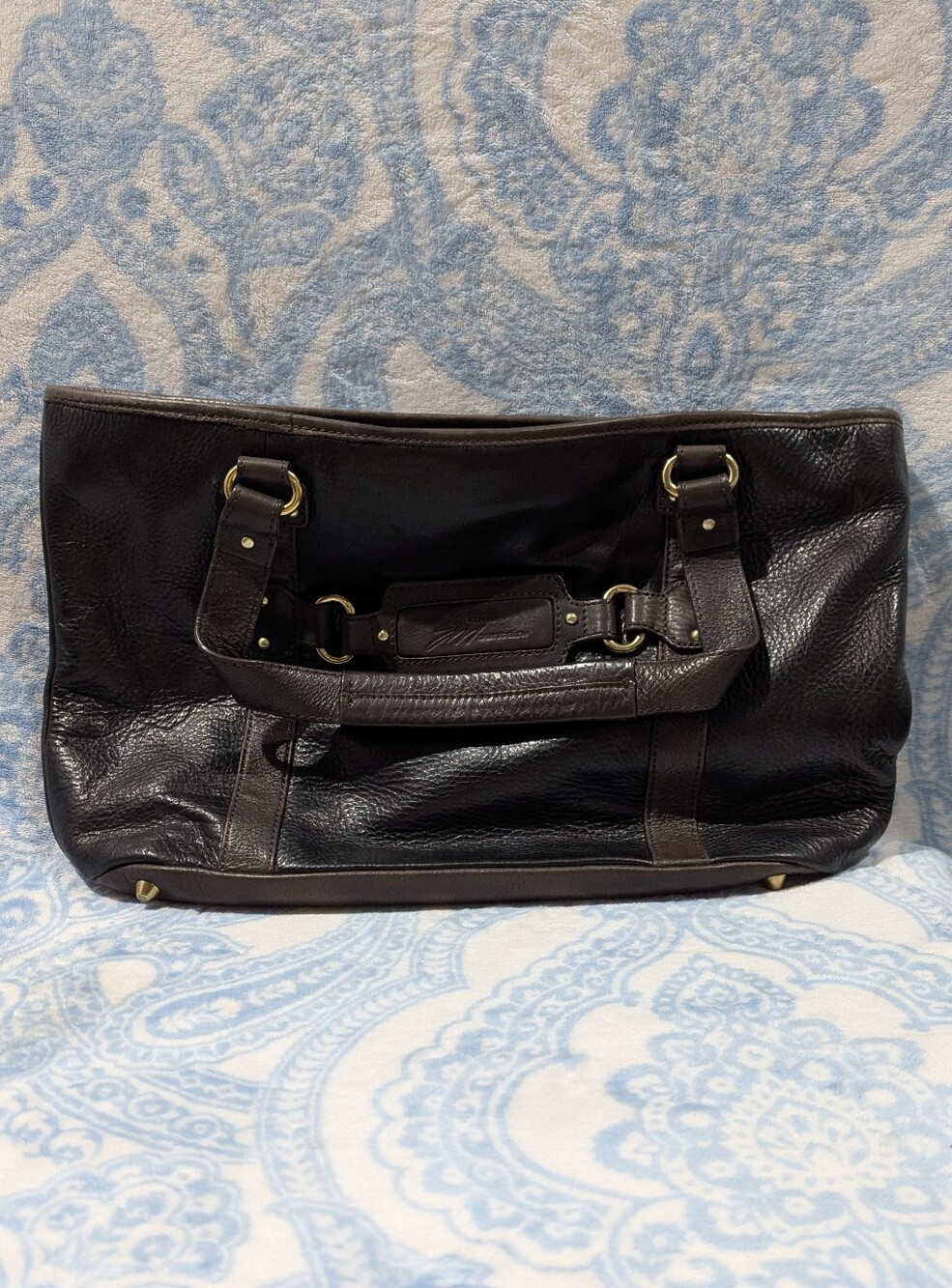 Leather Travel Tote Bag with Dark Brown Trim